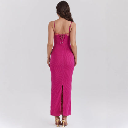 CM | maxi vestido de mujer - entallado - ribete de encaje - corpiño - tirantes finos - bajo transparente