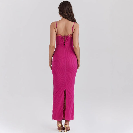 CM | maxi vestido de mujer - entallado - ribete de encaje - corpiño - tirantes finos - bajo transparente