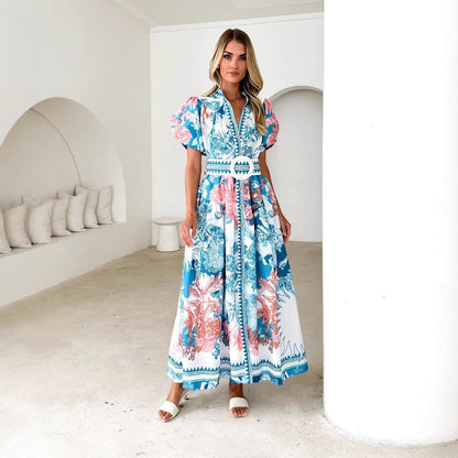 CM | Vestido largo para mujer - mangas abullonadas - lazo en la cintura - tapeta de botones - mezcla de algodón estampado