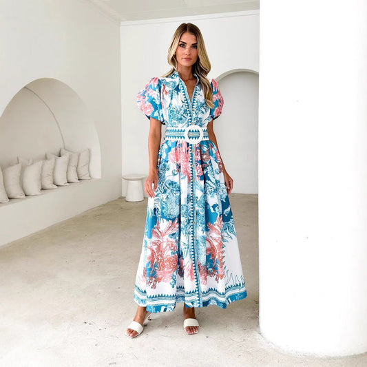 CM | Vestido largo para mujer - mangas abullonadas - lazo en la cintura - tapeta de botones - mezcla de algodón estampado