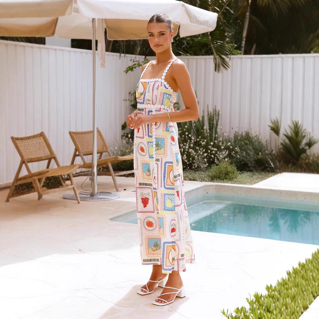 CM | Maxivestido de mujer - Estampado geométrico - Ribete de encaje - Corte fluido sin mangas
