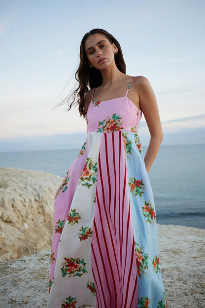 CM | Maxivestido de mujer - Algodón ligero - Corte vaporoso - Tirantes finos - Estampado artístico