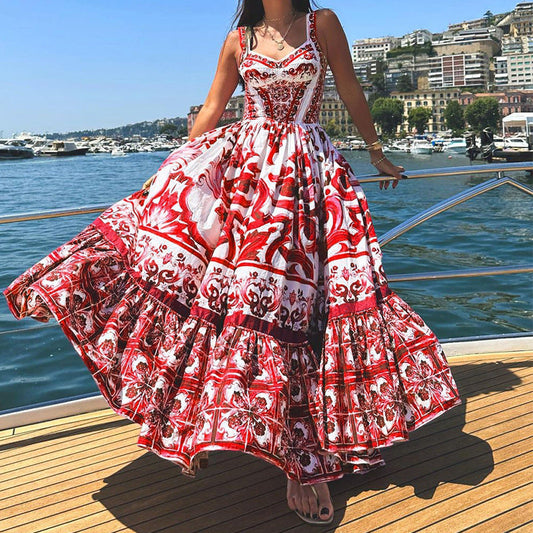 CM | maxi vestido de mujer - top entallado - falda con vuelo - mezcla transpirable - diseño estampado