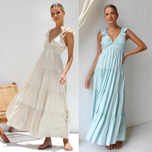 CM | Maxi vestido de mujer - Corte fluido en línea A - Falda con vuelo - Tirantes fruncidos - Escote en V - Mezcla transpirable