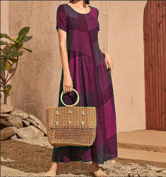 CM | Ladies Vestido largo - Línea A Corte holgado - Algodón - Estampado a cuadros - Manga corta Casual