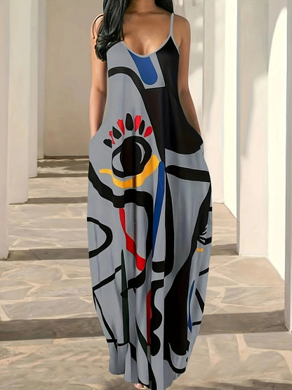 CM | Maxivestido de mujer - Estampado abstracto - Tirantes finos - Corte holgado - Mezcla de algodón
