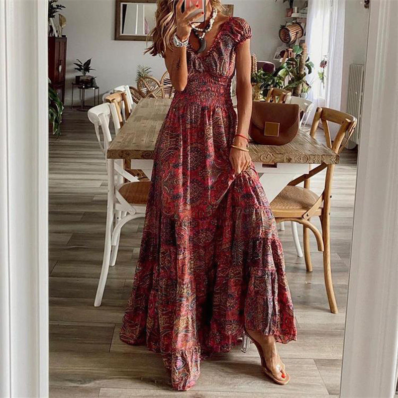 CM | Maxivestido de mujer - Cuello en pico - Top fruncido - Falda con vuelo - Mezcla de algodón - Corte relajado