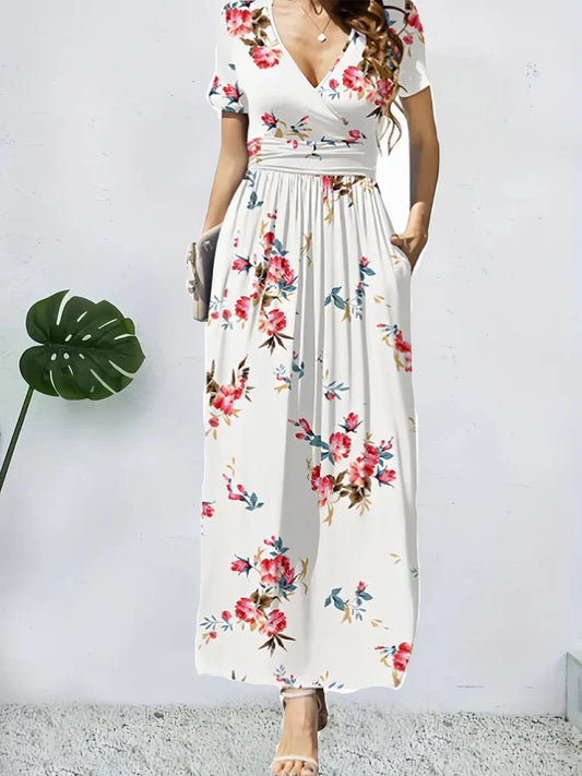 CM | Vestido maxi de mujer - estampado floral - corte en A - escote en V - manga corta