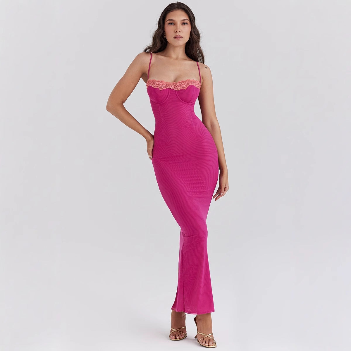 CM | maxi vestido de mujer - entallado - ribete de encaje - corpiño - tirantes finos - bajo transparente