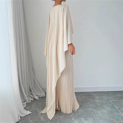 CM | Maxivestido de mujer - Escote alto - Mangas murciélago - Falda plisada - Corte vaporoso