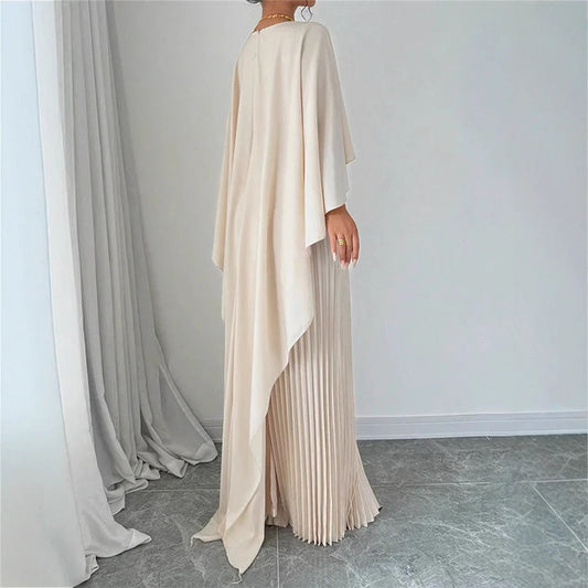 CM | Maxivestido de mujer - Escote alto - Mangas murciélago - Falda plisada - Corte vaporoso