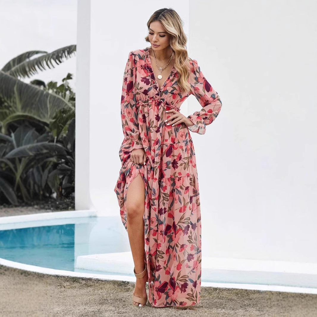 CM | Vestido maxi mujer - Gasa - Corte bohemio - Cuello de pico - Mangas largas - Estampado floral