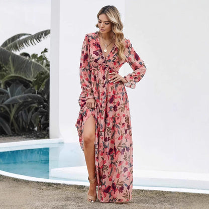 CM | Vestido maxi mujer - Gasa - Corte bohemio - Cuello de pico - Mangas largas - Estampado floral
