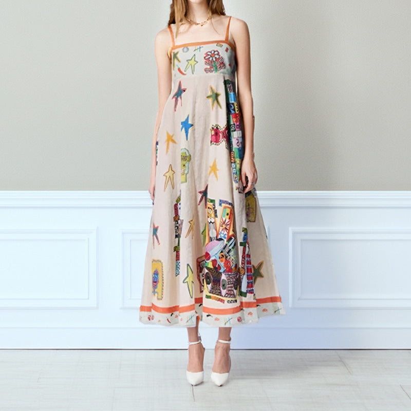 CM | Maxi vestido de mujer - Línea A - Tirantes finos - Algodón ligero - Diseño estampado