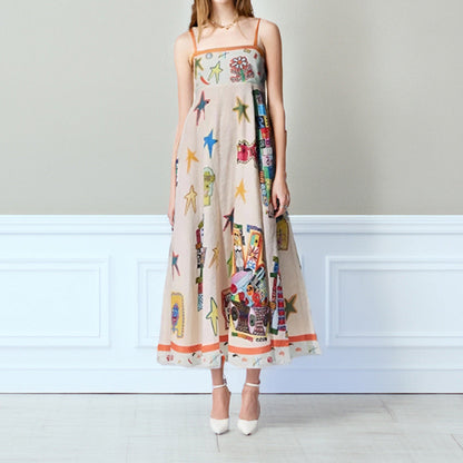 CM | Maxi vestido de mujer - Línea A - Tirantes finos - Algodón ligero - Diseño estampado