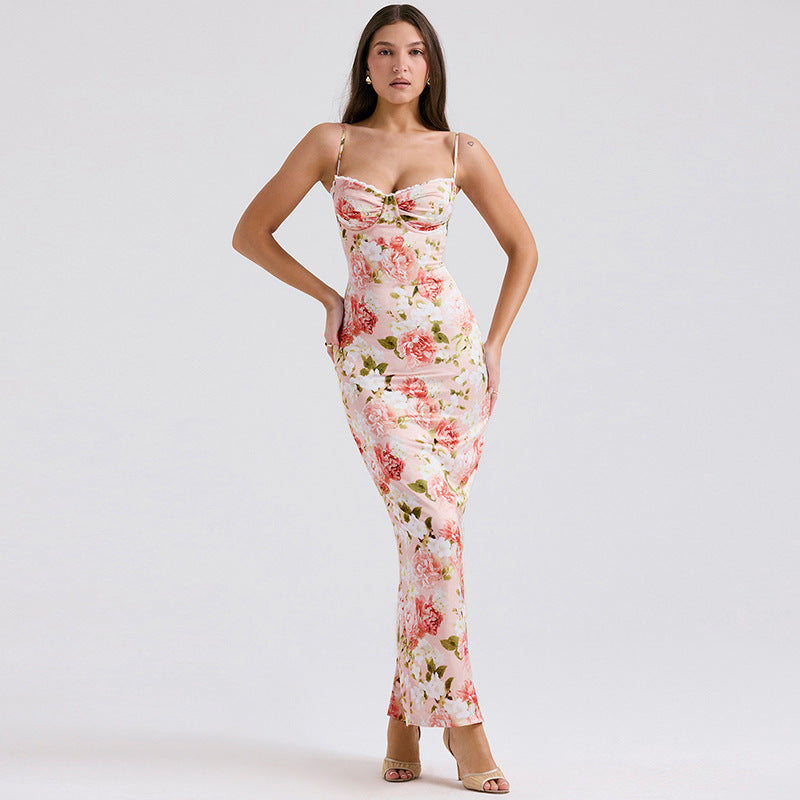 CM | Vestido Largo de Mujer - Raso Slim Fit - Tirantes Espagueti - Estampado Floral - Top Estructurado