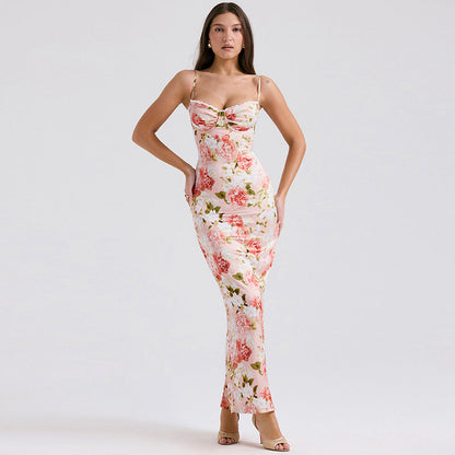 CM | Vestido Largo de Mujer - Raso Slim Fit - Tirantes Espagueti - Estampado Floral - Top Estructurado
