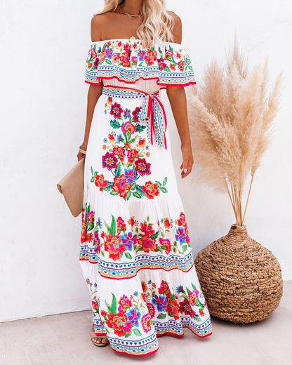 CM | Vestido largo estampado con cordones en la cintura