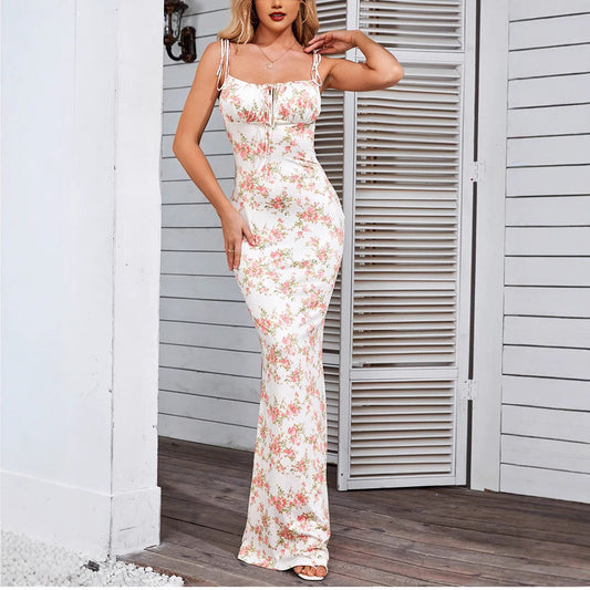 CM | Maxivestido de mujer - Corte entallado - Tirantes finos - Espalda descubierta - Estampado floral