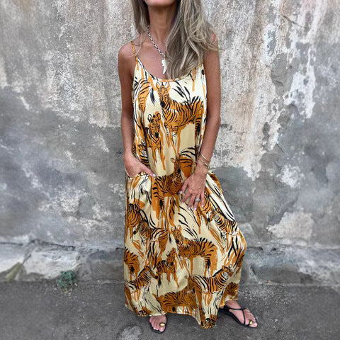 CM | Maxivestido de mujer - Corte relajado - Fibras naturales - Tirantes ajustables - Bolsillos - Estampado animal