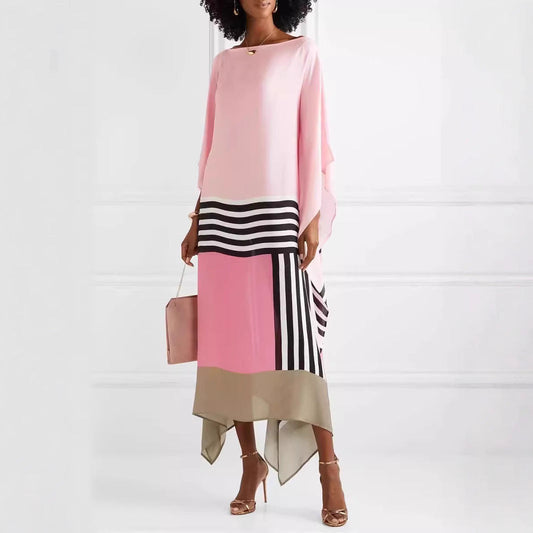 CM | Vestido maxi de mujer - un hombro - corte holgado - dobladillo asimétrico - inserciones de rayas