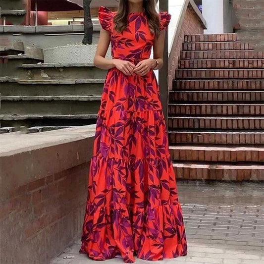 CM | Maxivestido de mujer - Ajustado y evasé - Mangas fruncidas - Falda con volantes - Atrevido estampado