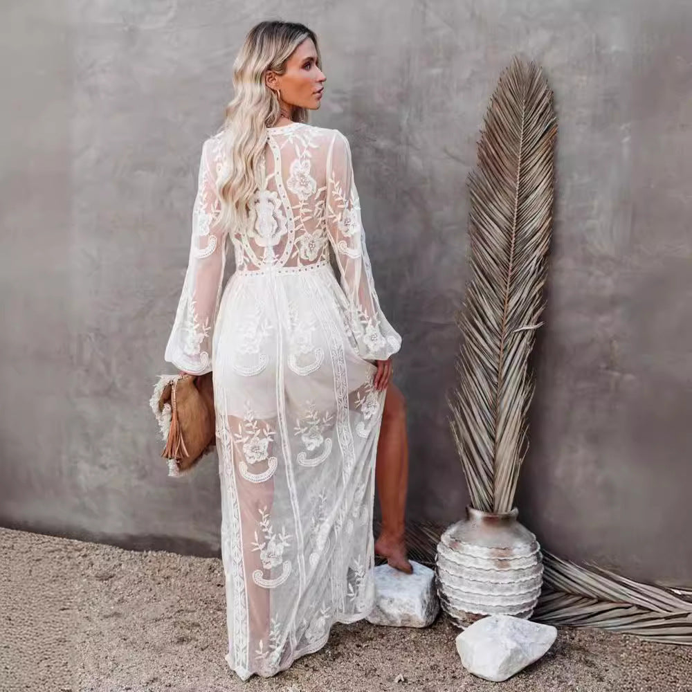 CM | Vestido largo para mujer - gasa de encaje - escote en V - mangas transparentes - abertura alta - ropa formal