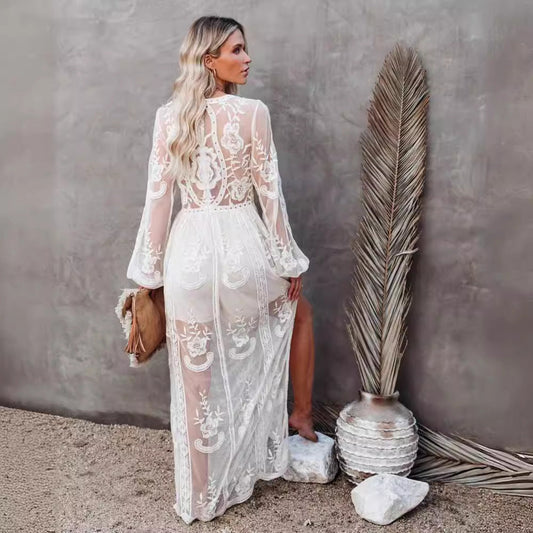 CM | Vestido largo para mujer - gasa de encaje - escote en V - mangas transparentes - abertura alta - ropa formal