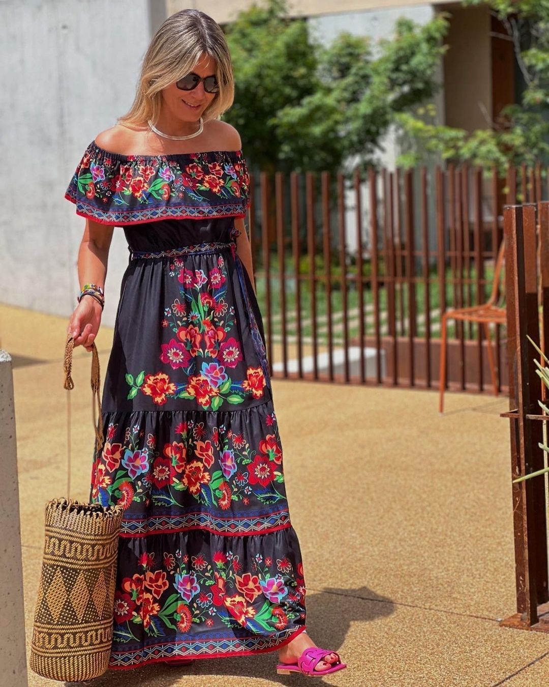 CM | maxi vestido de mujer - top con volantes off-the-shoulder - estampado floral - mezcla de algodón - ajuste con cinturón