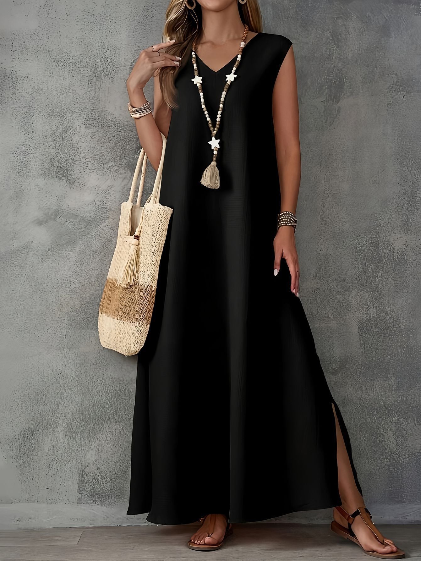 CM | Maxivestido de mujer - Mezcla de algodón - Corte vaporoso - Cuello de pico - Sin mangas - Aberturas laterales