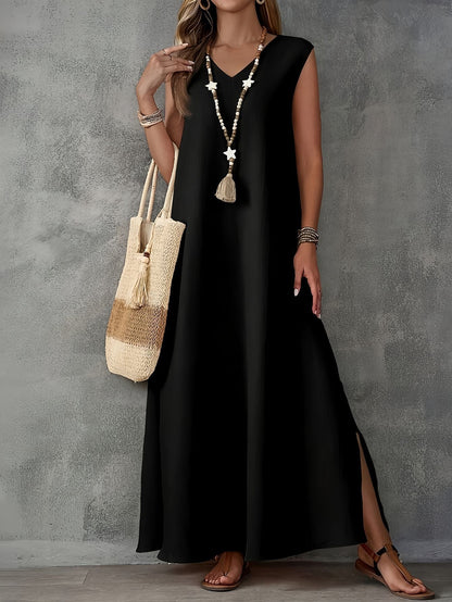 CM | Maxivestido de mujer - Mezcla de algodón - Corte vaporoso - Cuello de pico - Sin mangas - Aberturas laterales
