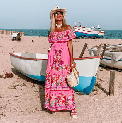 CM | maxi vestido de mujer - top con volantes off-the-shoulder - estampado floral - mezcla de algodón - ajuste con cinturón