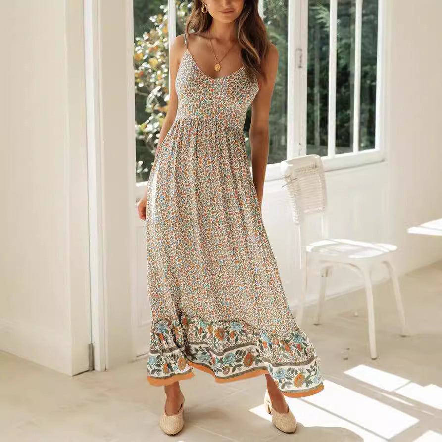 CM | maxi vestido de mujer - estampado floral - cuello en V con tirantes - corte boho fluido - material ligero