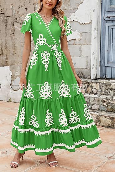 CM | maxi vestido de mujer - bohemio corte en A - estampado floral - cuello en V - manga corta