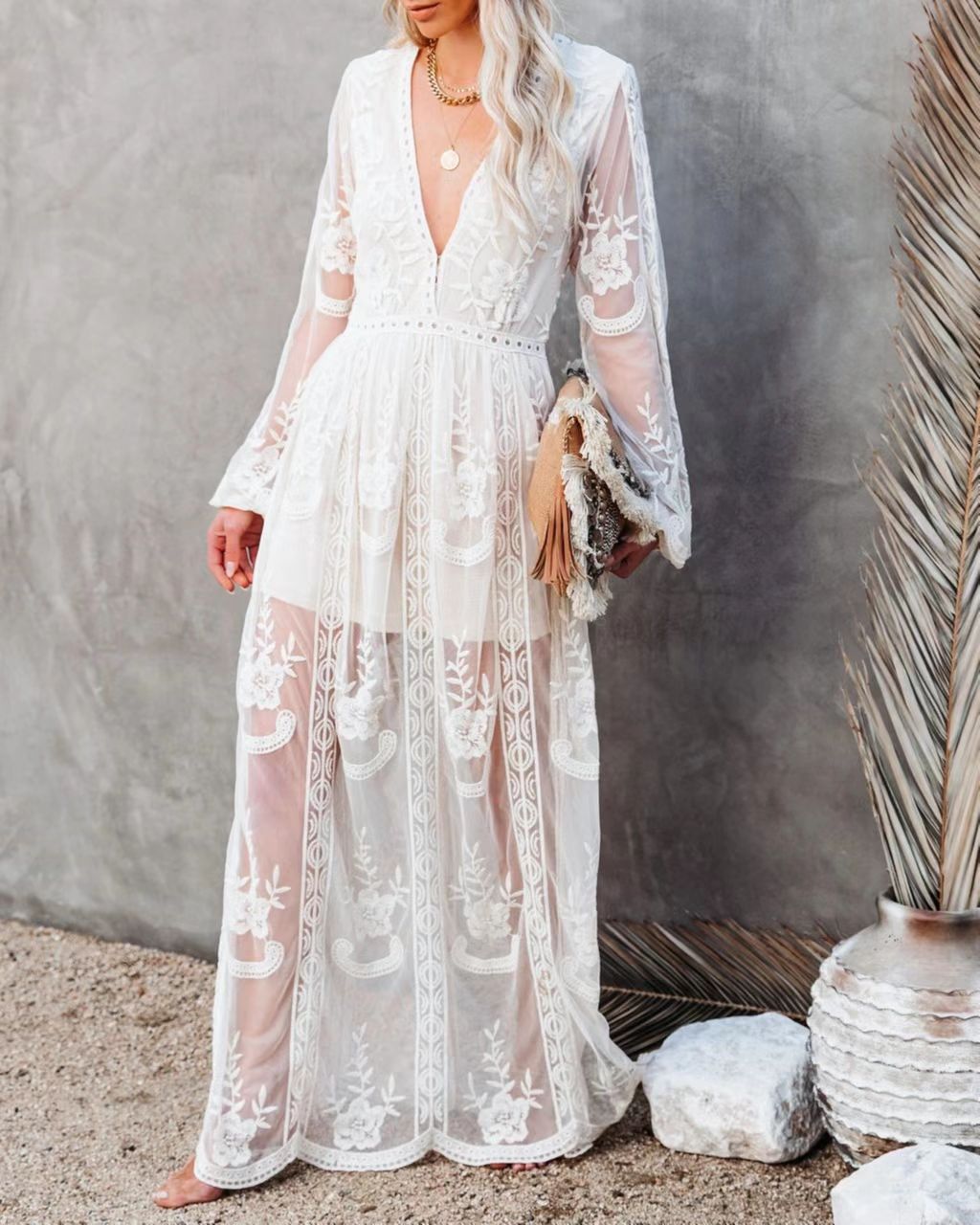 CM | Vestido largo para mujer - gasa de encaje - escote en V - mangas transparentes - abertura alta - ropa formal