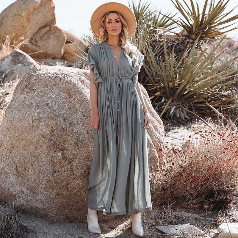 CM | maxi vestido de mujer - corte fluido - mangas fruncidas - escote en V - tapeta de botones - cintura elástica