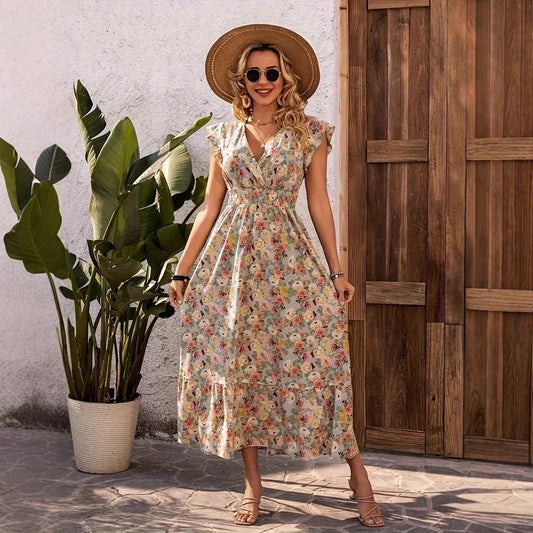 CM | maxi vestido de mujer - estampado floral - cuello en V - falda con vuelo - mangas volante - mezcla de algodón