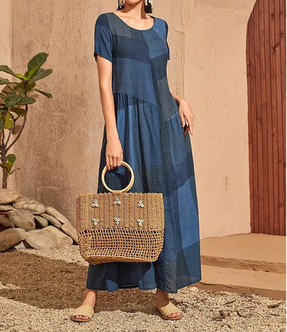 CM | Ladies Vestido largo - Línea A Corte holgado - Algodón - Estampado a cuadros - Manga corta Casual