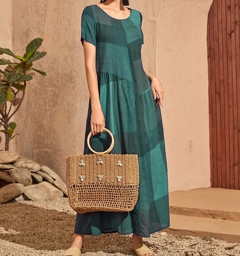 CM | Ladies Vestido largo - Línea A Corte holgado - Algodón - Estampado a cuadros - Manga corta Casual