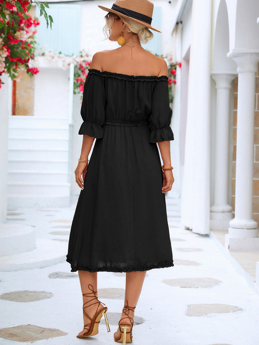 CM | Vestido midi con hombros al aire y mangas con volantes