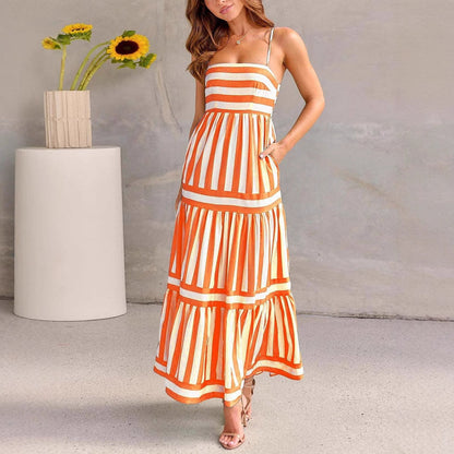 CM | Vestido de tirantes para mujer - Algodón ligero - Corte en A - Maxivestido de rayas