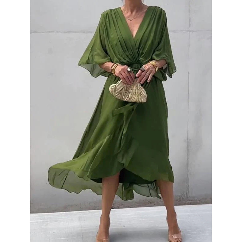 CM | Maxivestido de mujer - Corte holgado - Mangas murciélago - Cinturón de anudar - Bajo asimétrico