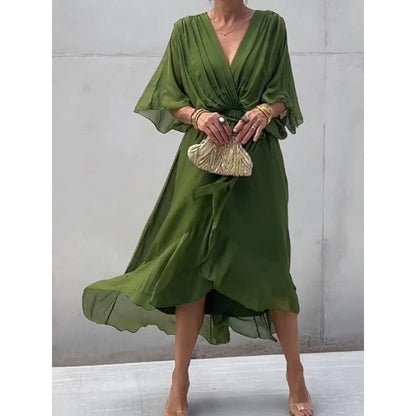 CM | Maxivestido de mujer - Corte holgado - Mangas murciélago - Cinturón de anudar - Bajo asimétrico
