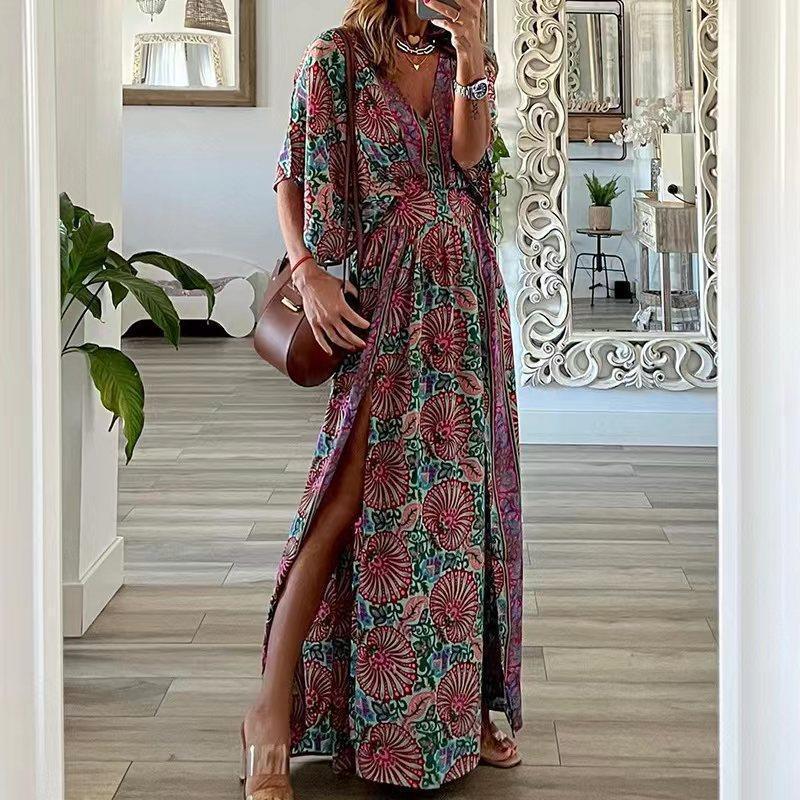 CM | Vestido largo para mujer - Estampado bohemio - Cuello en V - Mangas cortas - Corte relajado - Abertura lateral