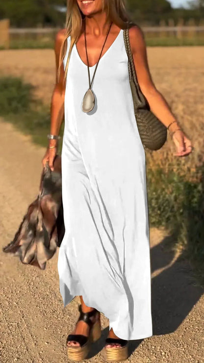 CM | maxi vestido de mujer - cuello en V - corte relajado - mezcla de algodón - diseño sin tirantes