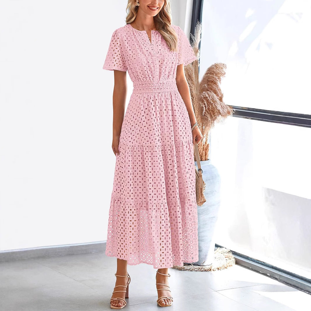 CM | Vestido largo para mujer - Encaje bordado - Cuello en V - Cintura elástica - Mangas cortas fluidas