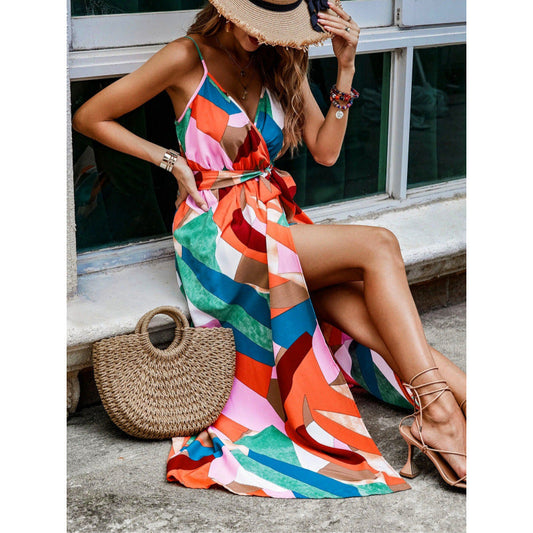 CM | Maxivestido de mujer - Escote en pico - Sin mangas - Corte vaporoso - Abertura lateral