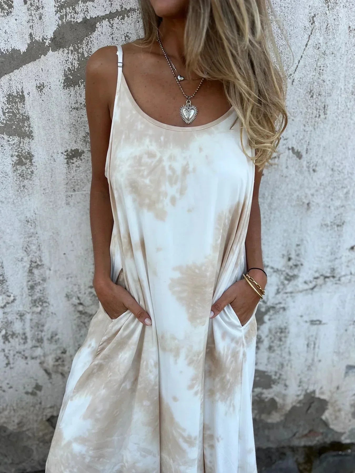 CM | Maxivestido de mujer - Corte relajado - Fibras naturales - Tirantes ajustables - Bolsillos - Estampado animal