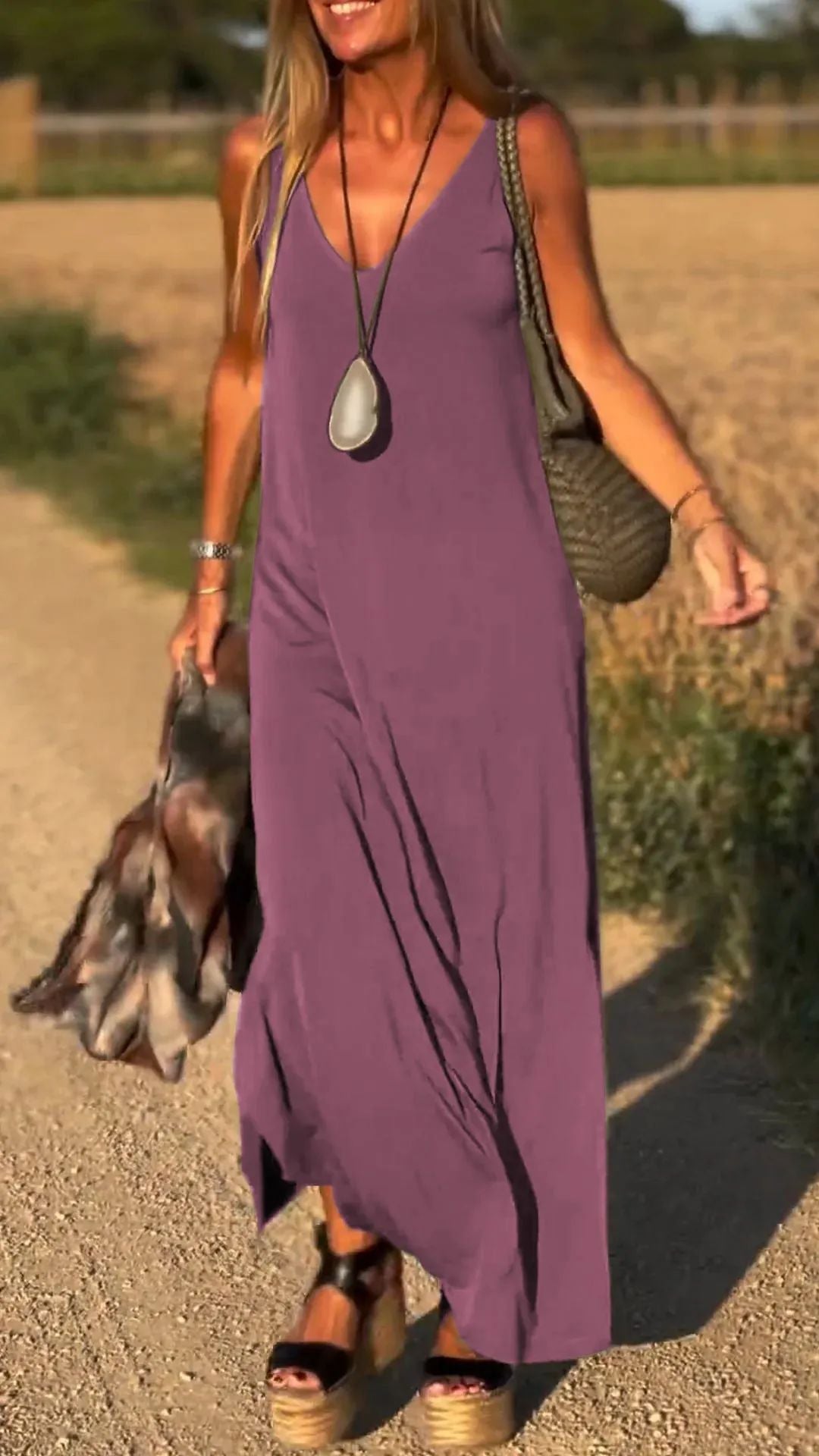CM | maxi vestido de mujer - cuello en V - corte relajado - mezcla de algodón - diseño sin tirantes