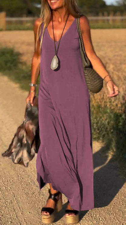 CM | maxi vestido de mujer - cuello en V - corte relajado - mezcla de algodón - diseño sin tirantes